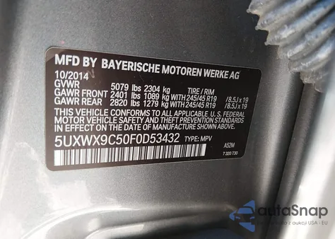 2015 BMW X3 xDrive28I z USA, uszkodzony, nr VIN 5UXWX9C50F0D53432